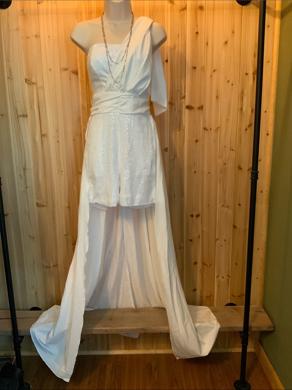 White One-Shoulder Sequin Romper with Sheer Overlay - Picture 1 of 3